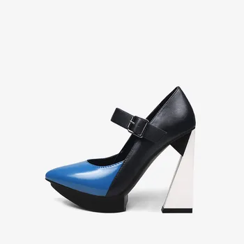  2022 Нови дамски обувки-лодка на платформата с остър пръсти, Сини, Смесени, Черни, Кожени Обувки На Висок Ток, Луксозни Дънки Mary Jeans, Вечерни обувки на висок ток с каишка