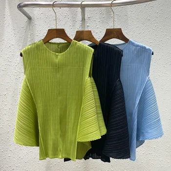  Miyake плиссированный топ, дамски свободна дамски дрехи големи размери, нередовен дизайн, чувство ниша, лятна нова тениска без ръкави