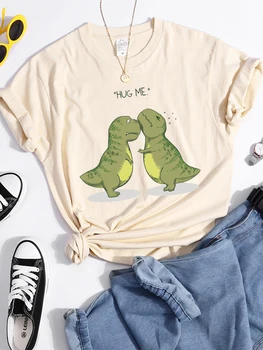  Женска Тениска Hug Me Kawaii Със Зелен Малък Динозавром, Летни Ежедневни Тениски, Уличен Съкратен Топ в Стил хип-Хоп, Дишаща Тениска