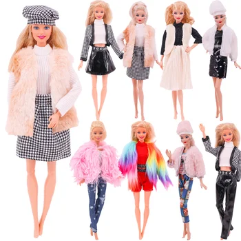  Кукла Барби Дрехи Плюшен Яке + Модерен Костюм-Пола + Взима Шапката е Подходяща За 11,8 инча Кукли Ежедневни Облекла Безплатен Подарък Обувки