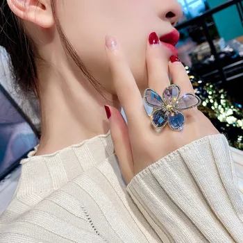  Ново модно бижу, открывающееся висококачествен мед инкрустированное пръстен с цвете от кристал стъкло, преувеличени луксозно коктейл вечер пръстен за жени
