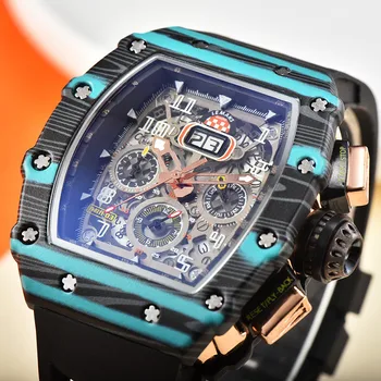  2022 Нови луксозни кристални кварцови кухи многофункционални бизнес механични занаятчийски Мъжки часовници Силиконови 6 контакти от неръждаема стомана